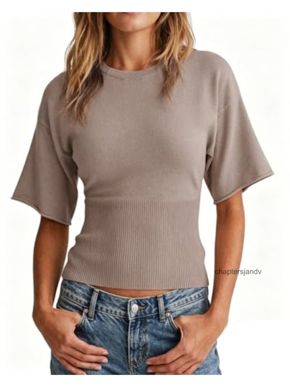 Womens Short Sleeve Ribbed Knit Top Cinched Waist Fitted Summer Sweater